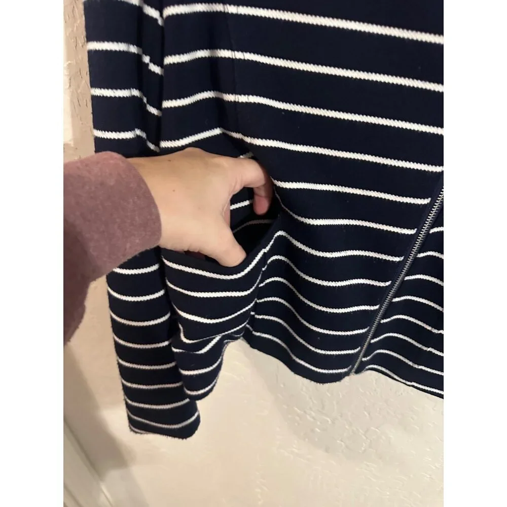 Bagatelle Y Navy & White Pocketed Striped Zipper Moto Sweater Jacket - Picture 7 of 13